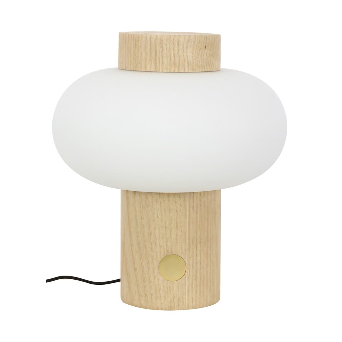 Zion 1 Light Touch Table Lamp in Teak with Opal Frosted Glass Shade and Brass Detail