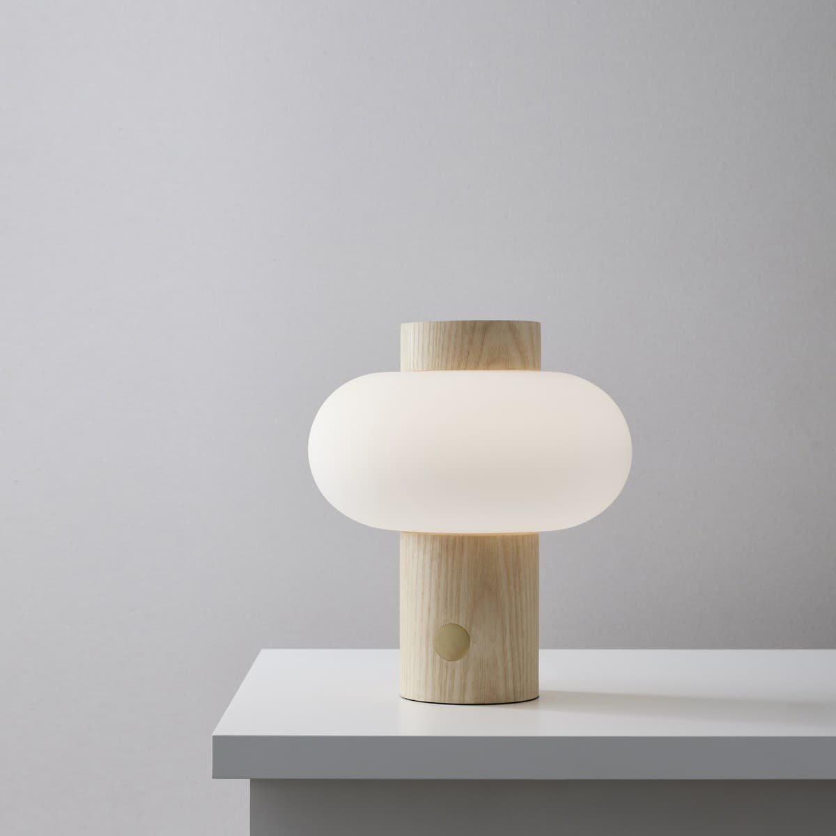 Zion 1 Light Touch Table Lamp in Teak with Opal Frosted Glass Shade and Brass Detail