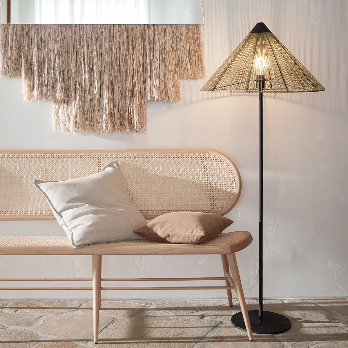 Knoll 1 Light Floor Lamp in Black with Natural Jute Rope Conical Shade-img-2