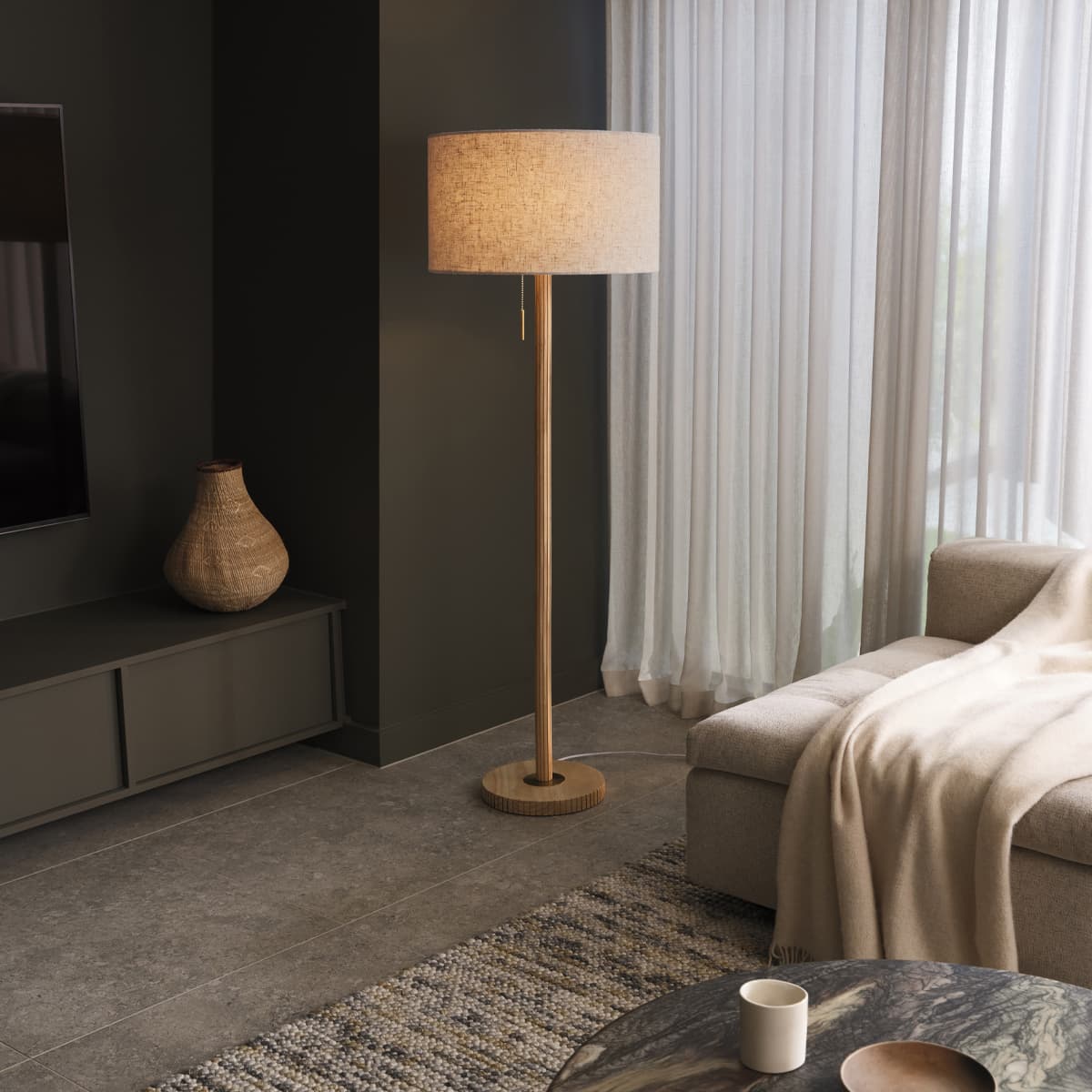 Eton 1 Light Floor Lamp in Oak with Brass and Natural Linen Shade-img-3