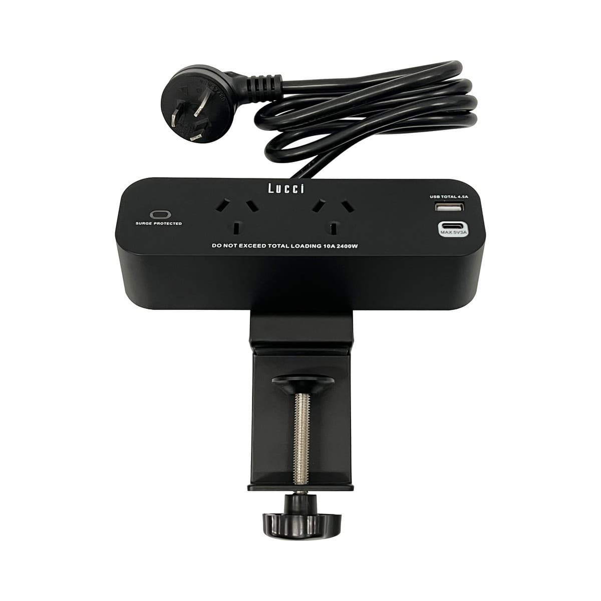 Lucci 2 Outlet Desktop Clamp Mounted Power Station in Black with 2 USB Charging Ports-img-1