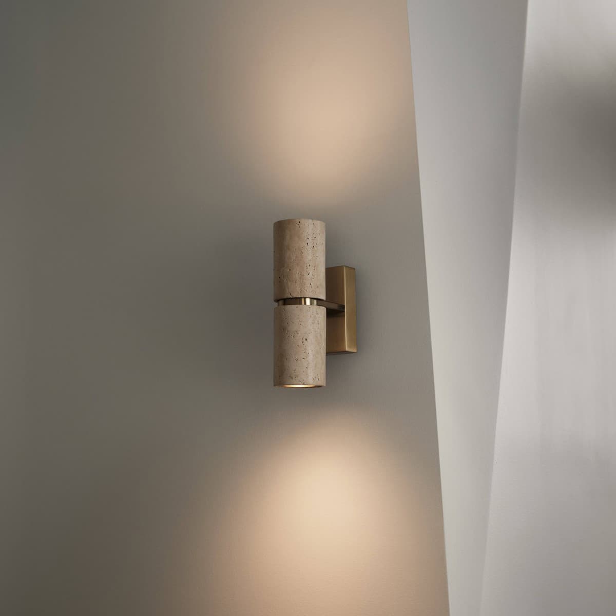 Hartley Up/Down Wall Bracket in Aged Brass with Natural Travertine-img-2