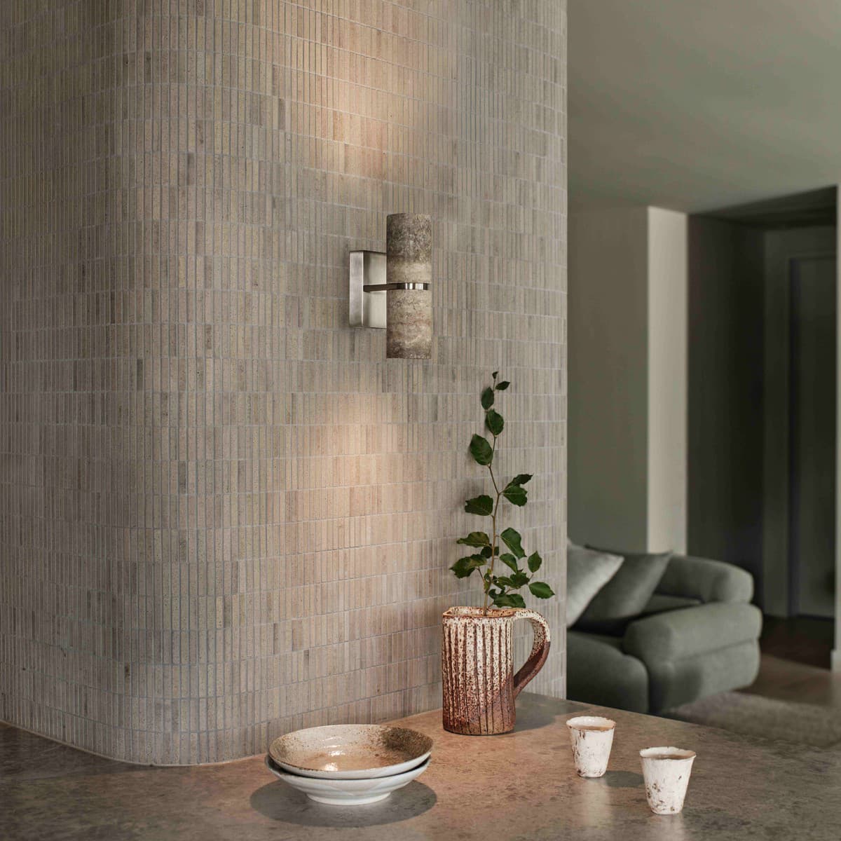 Hartley Up/Down Wall Bracket in Brushed Nickel with Silver Travertine