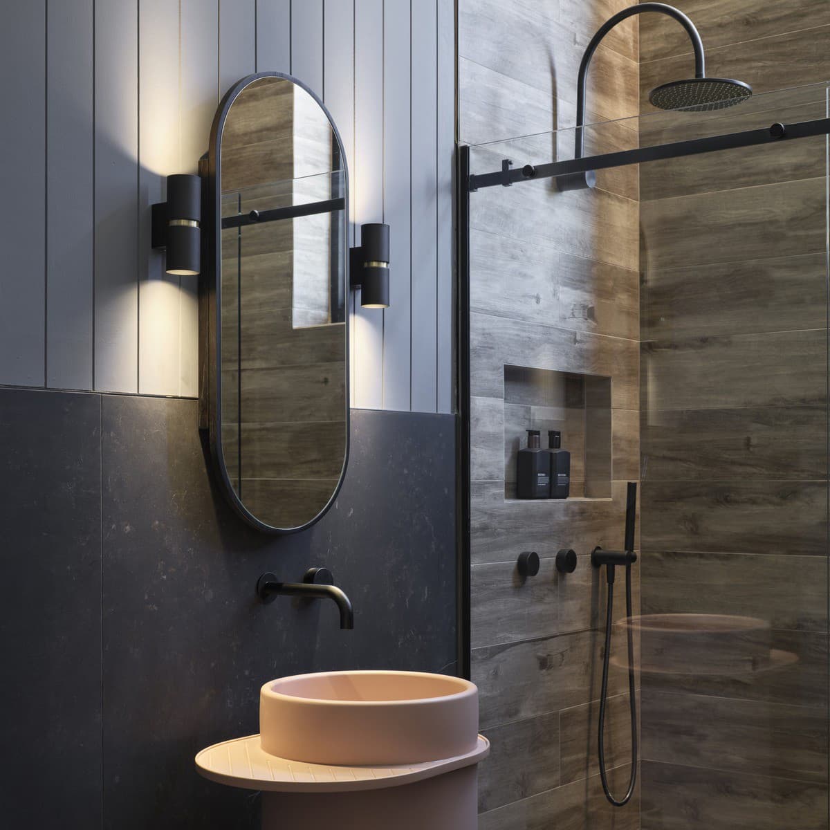 Baristo 2 Light Up/Down Round Wall Bracket in Black with Brass detail-img-2