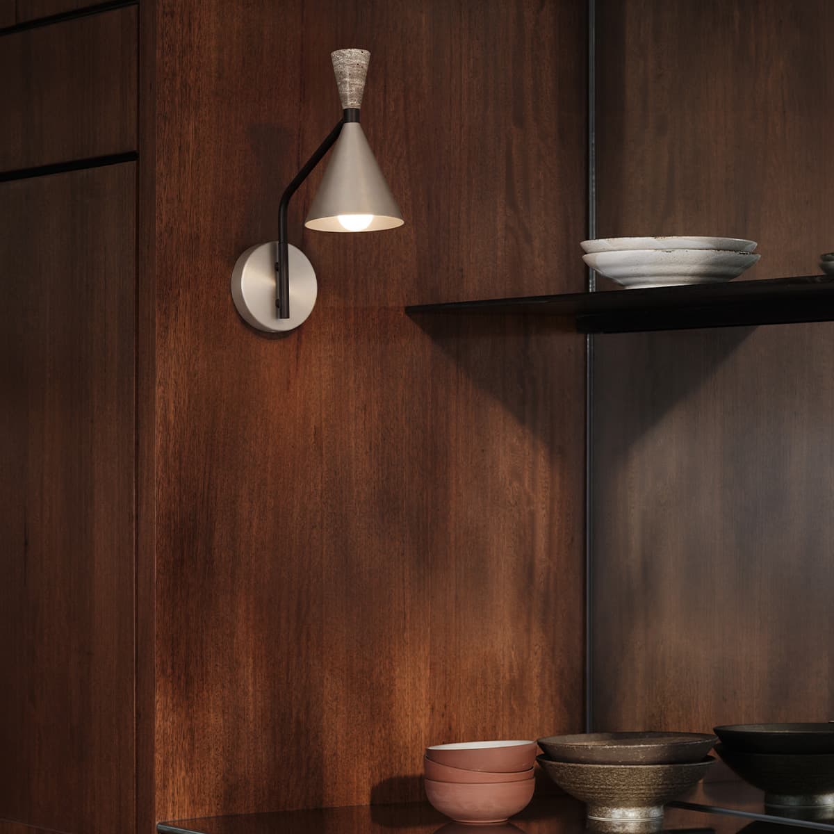 Campari 1 Light Wall Bracket in Brushed Nickel with Silver Travertine and Textured Black Details-img-2