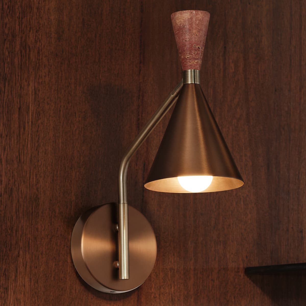 Campari 1 Light Wall Bracket in Brushed Copper with Rose Travertine and Antique Brass Details-img-3