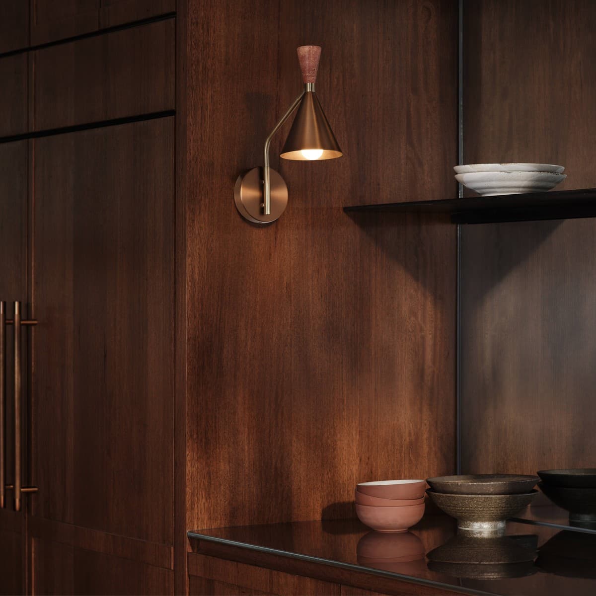 Campari 1 Light Wall Bracket in Brushed Copper with Rose Travertine and Antique Brass Details-img-4