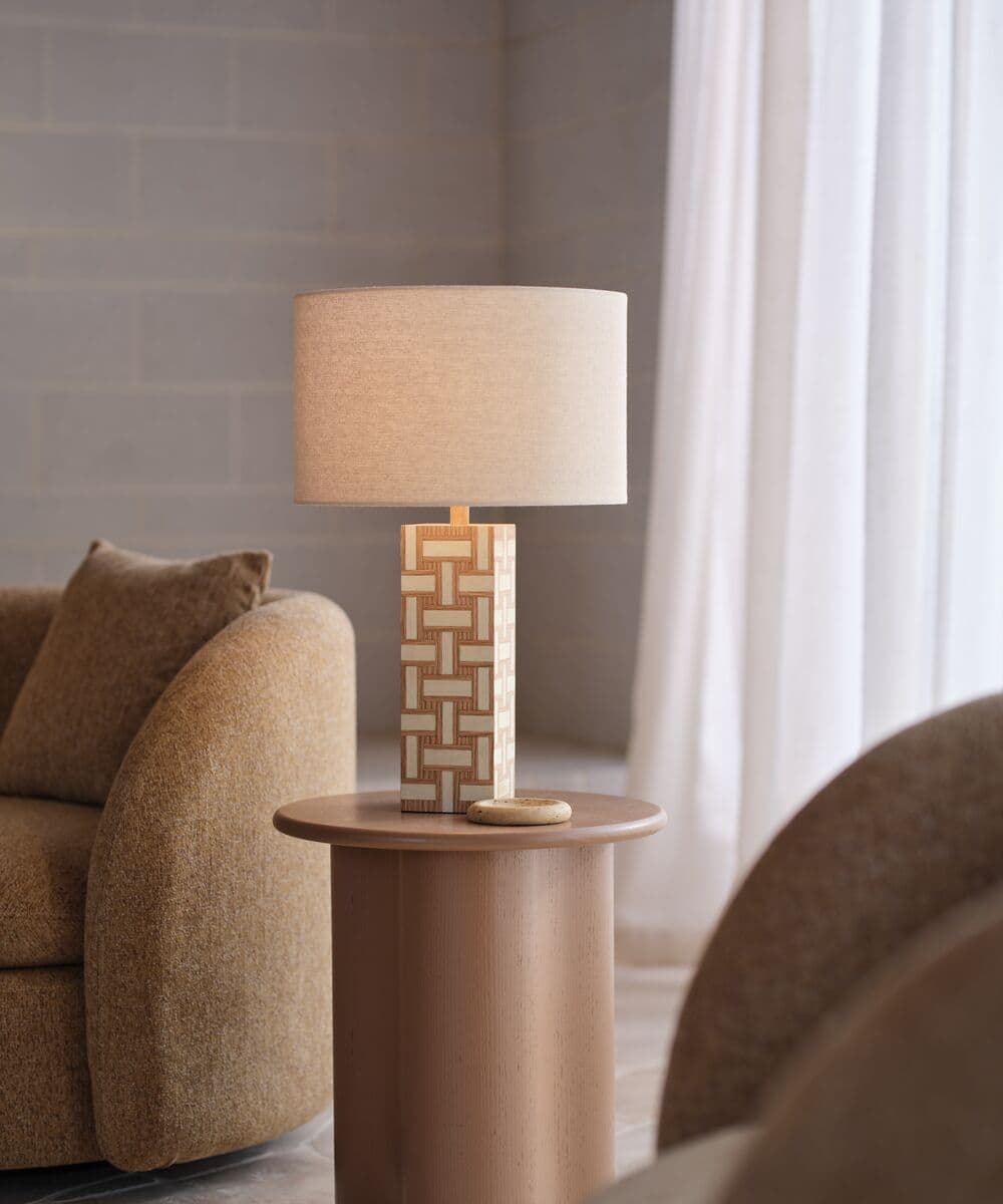 Amano 1 Light Table Lamp in Timber and Natural Linen | Beacon Lighting