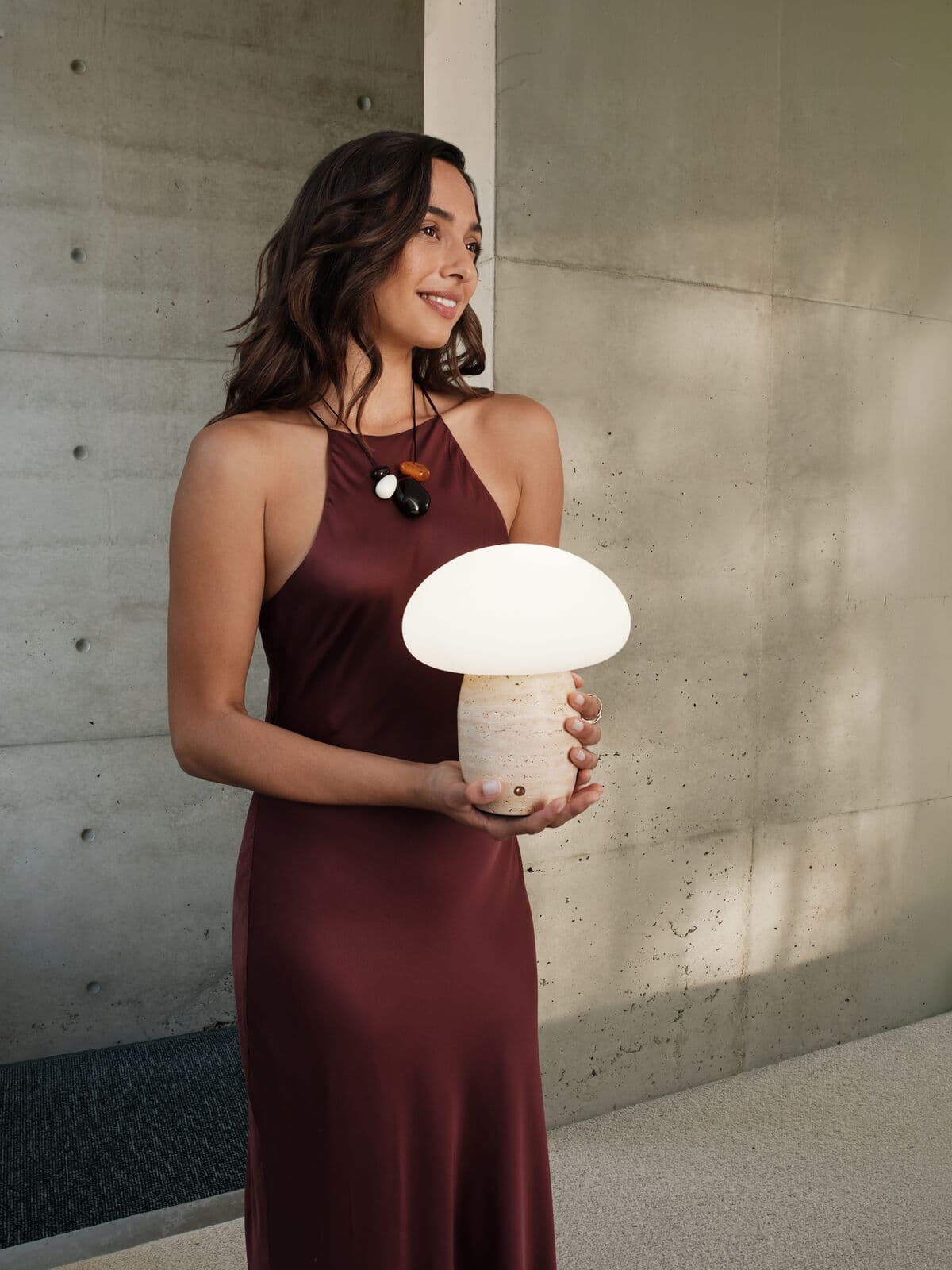 Arne LED Portable Rechargeable Table Lamp in Natural Travertine with Opal Glass | Beacon Lighting
