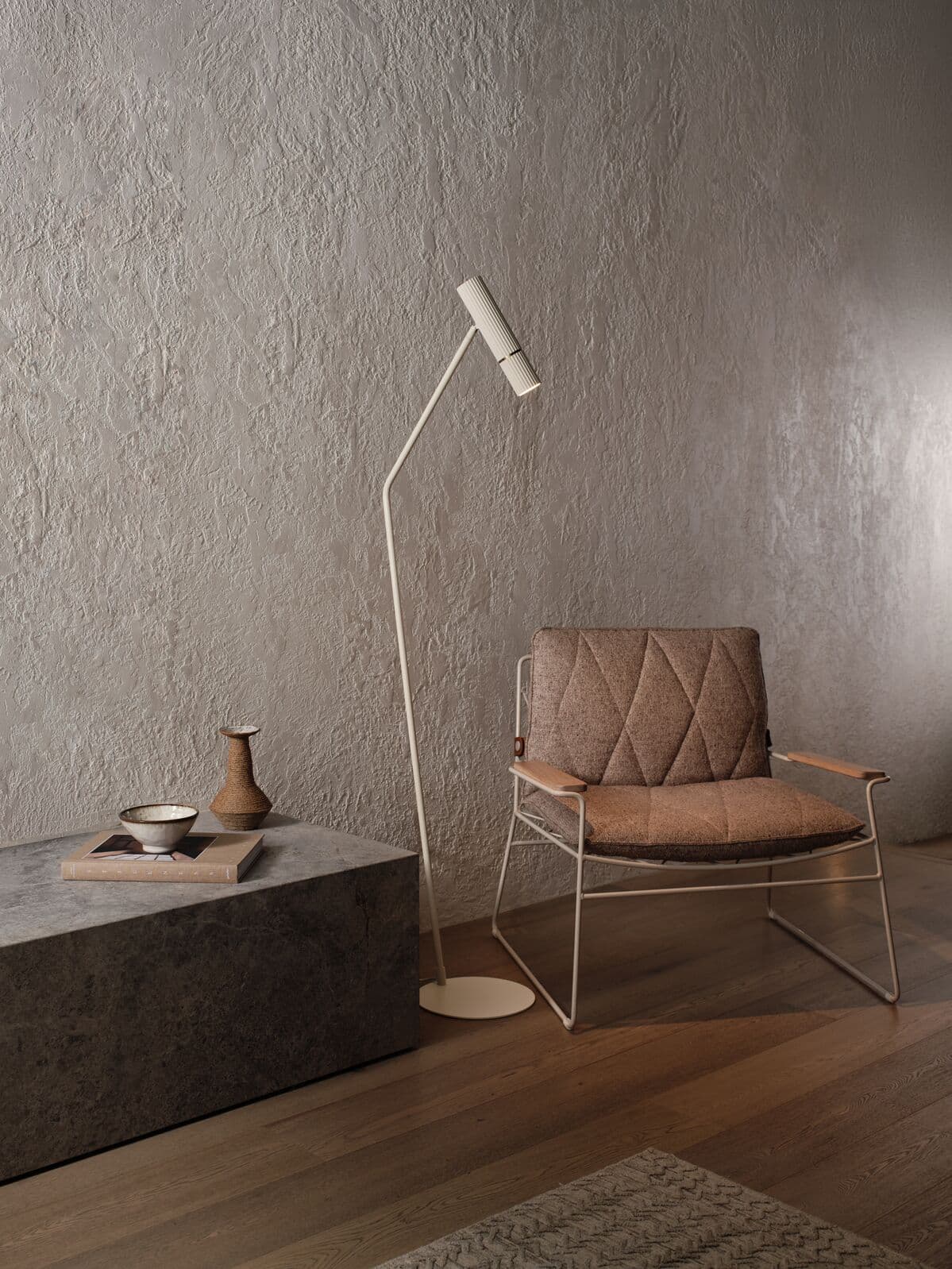 Portland 1 Light Floor Lamp in Almond with Brass Detail | Beacon Lighting
