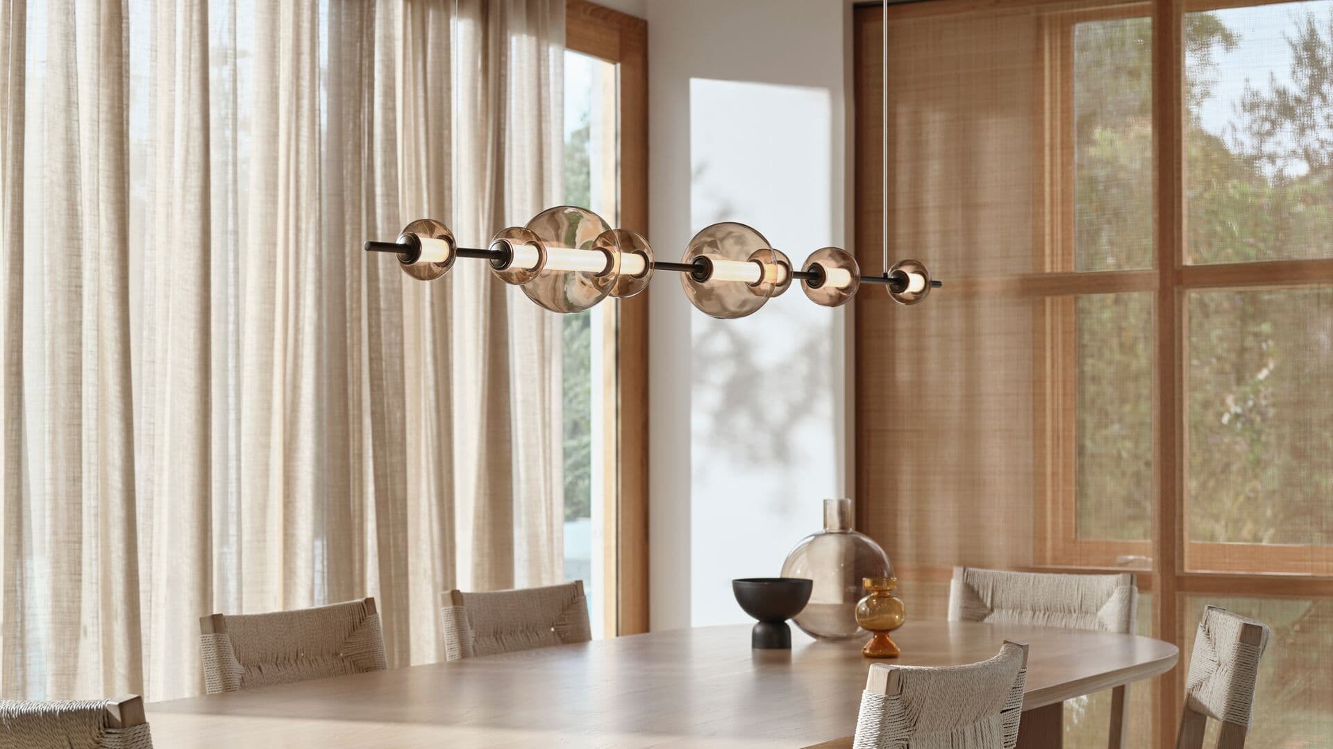Abacus 8 Light LED Colour-Shifting Linear Pendant in Bronze with Sepia Glass | Beacon Lighting