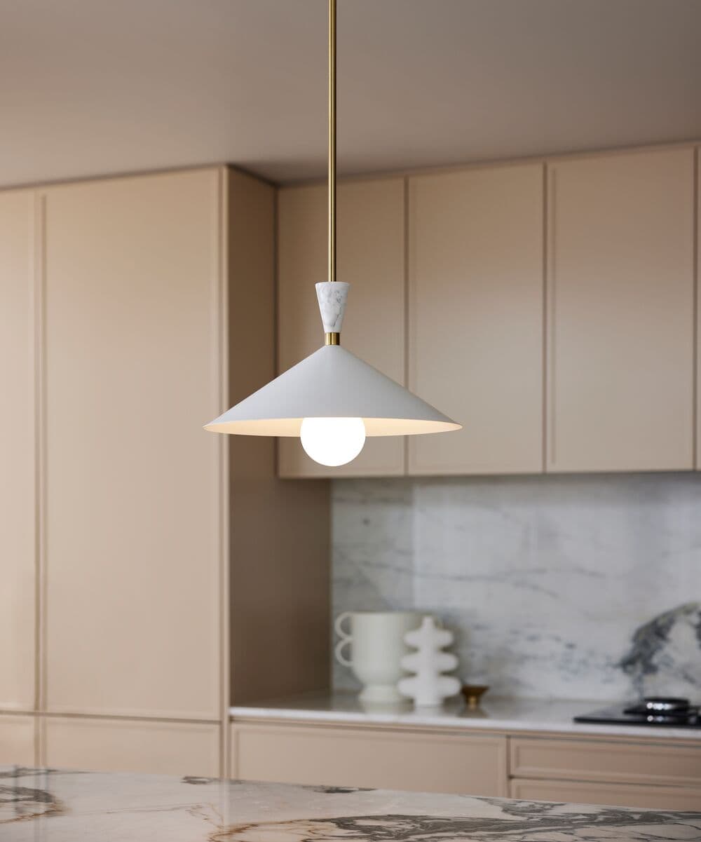 Campari 1 Light Pendant in White with White Marble and Brass Details | Beacon Lighting
