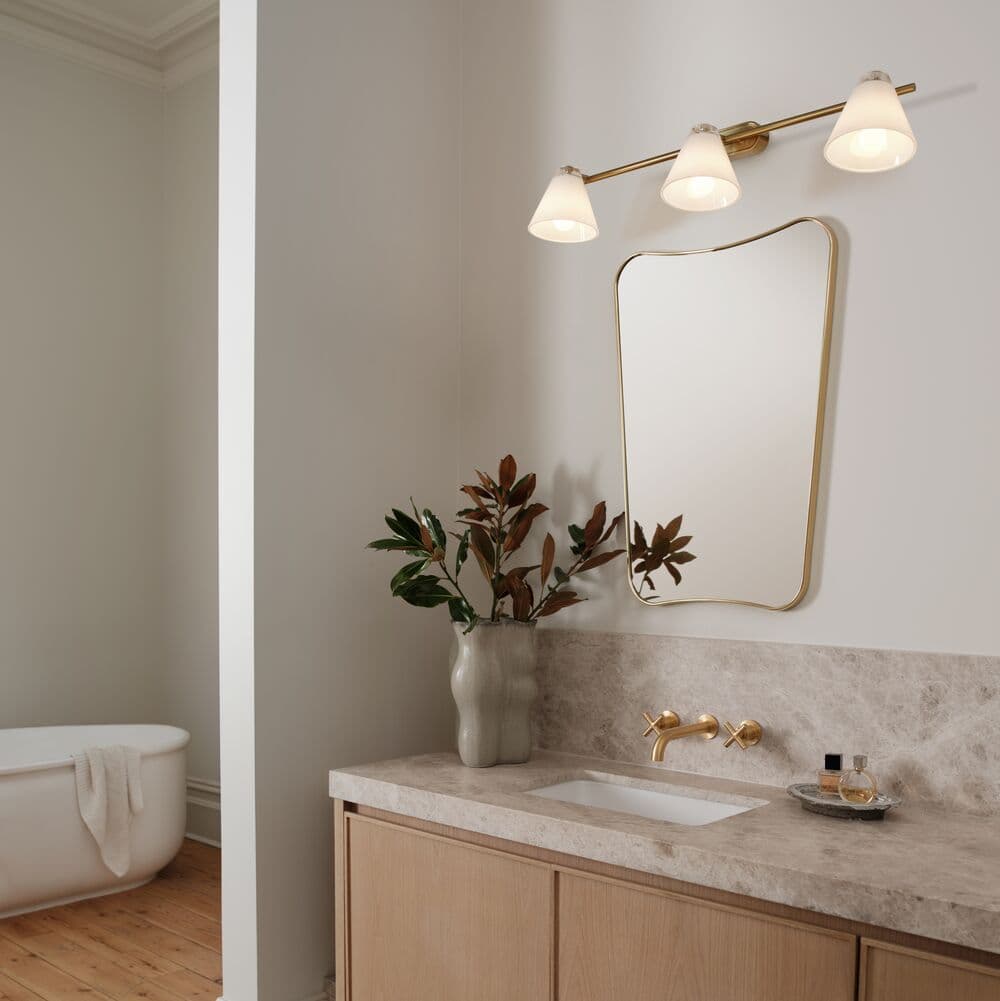 Chiara 3 Light Bar Spotlight in Aged Brass with Opal Glass | Beacon Lighting