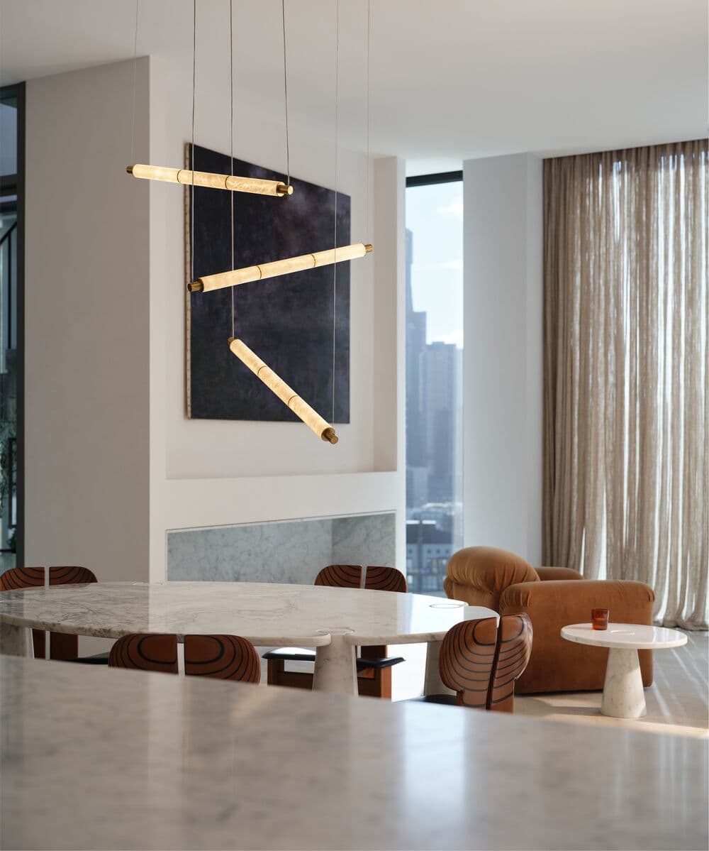 Made by Mayfair Cadence 3 Light LED Colour Switching Trapeze Pendant in Aged Brass with Spanish Alabaster | Beacon Lighting