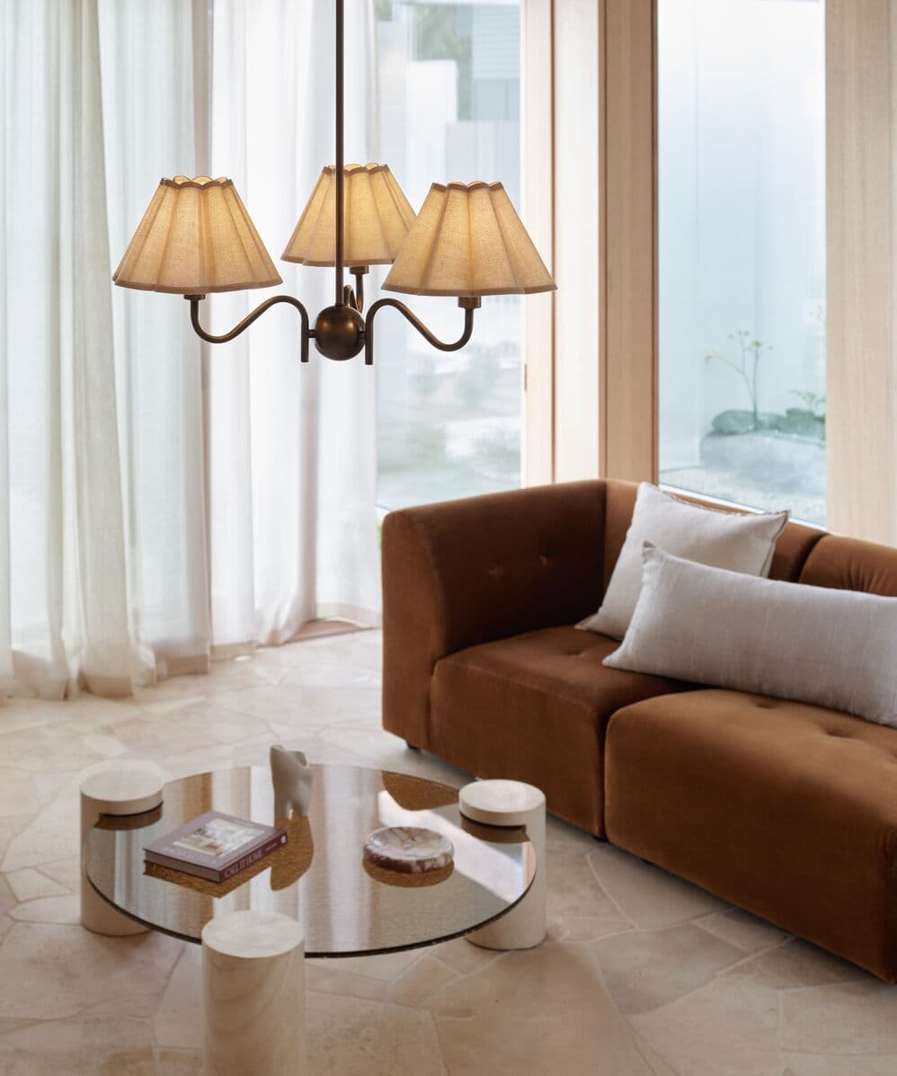 Colette 3 Light Pendant in Bronze with Fluted Natural Linen | Beacon Lighting