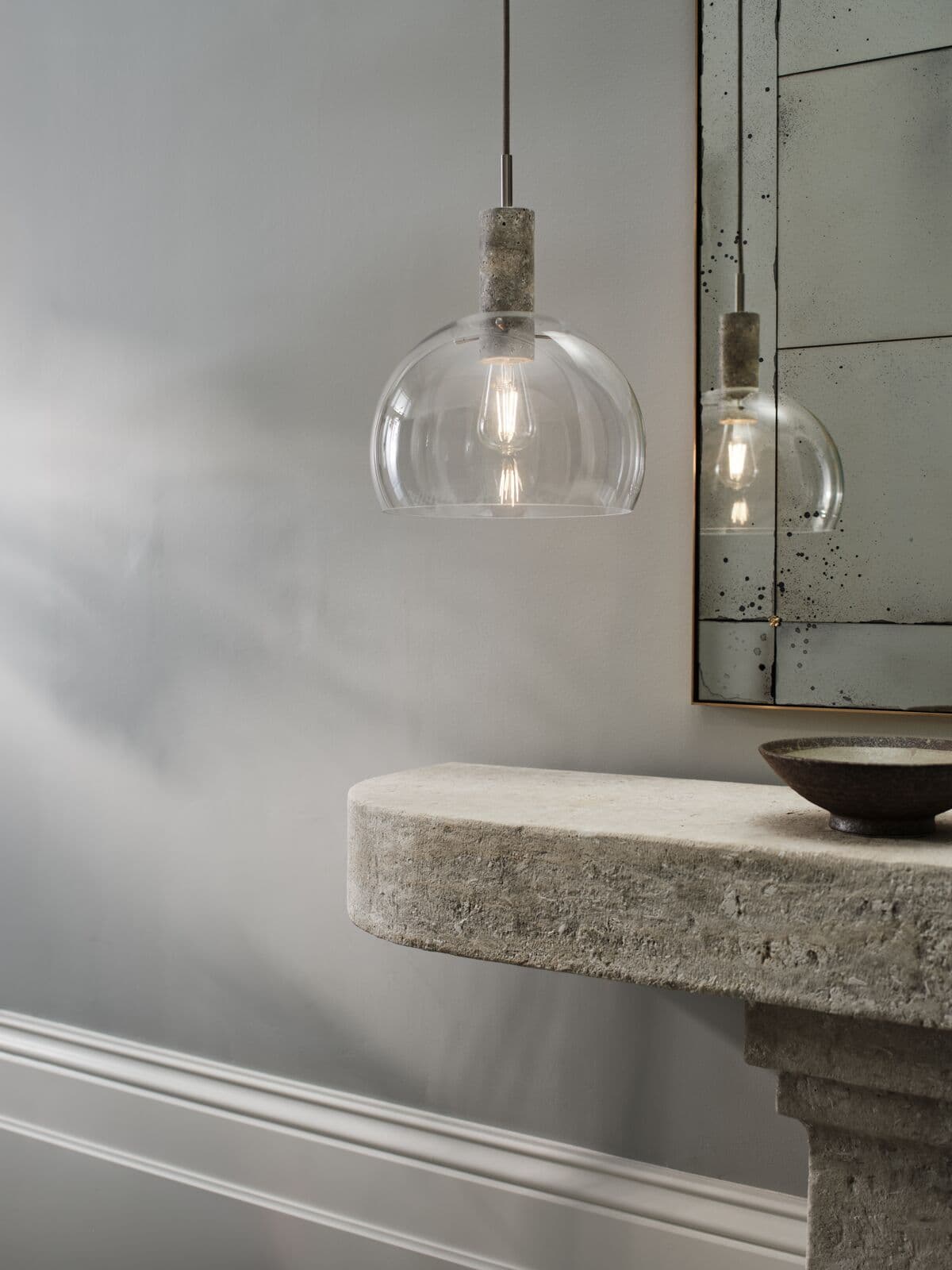 Odelia Pendant in Silver Travertine with Brushed Nickel and Clear Glass | Beacon Lighting
