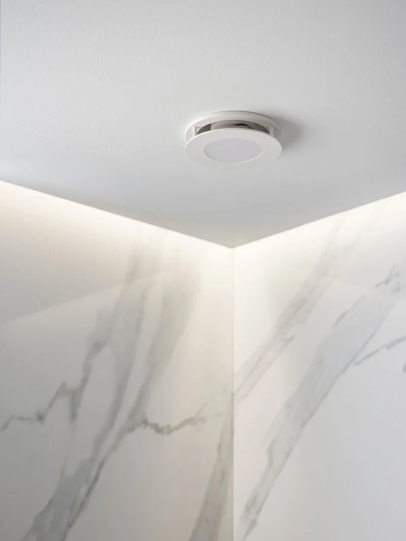 Parsec Mini DC Exhaust Fan/LED Light with 114mm Dia Cut Out in White | Beacon Lighting