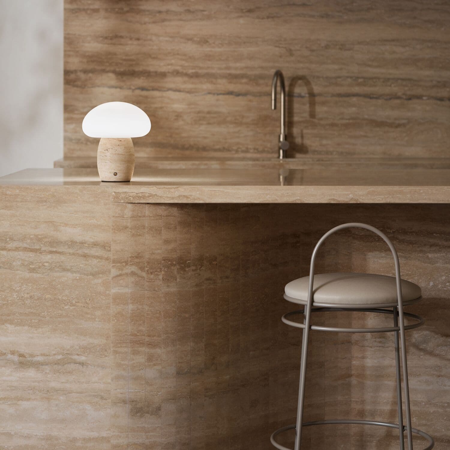 Arne LED Portable Rechargeable Table Lamp in Natural Travertine with Opal Glass | Beacon Lighting