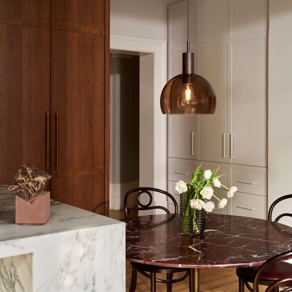 Odelia Pendant in Walnut Timber with Bronze and Sepia Glass | Beacon Lighting