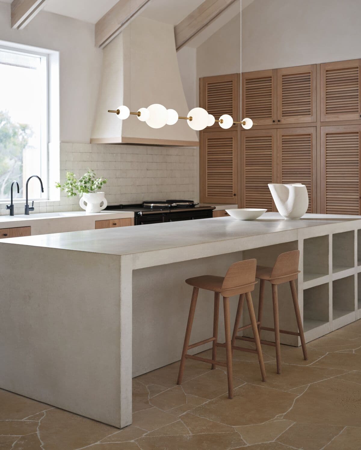 Abacus 8 Light LED Colour-Shifting Linear Pendant in Aged Brass with Gloss Opal Glass | Beacon Lighting