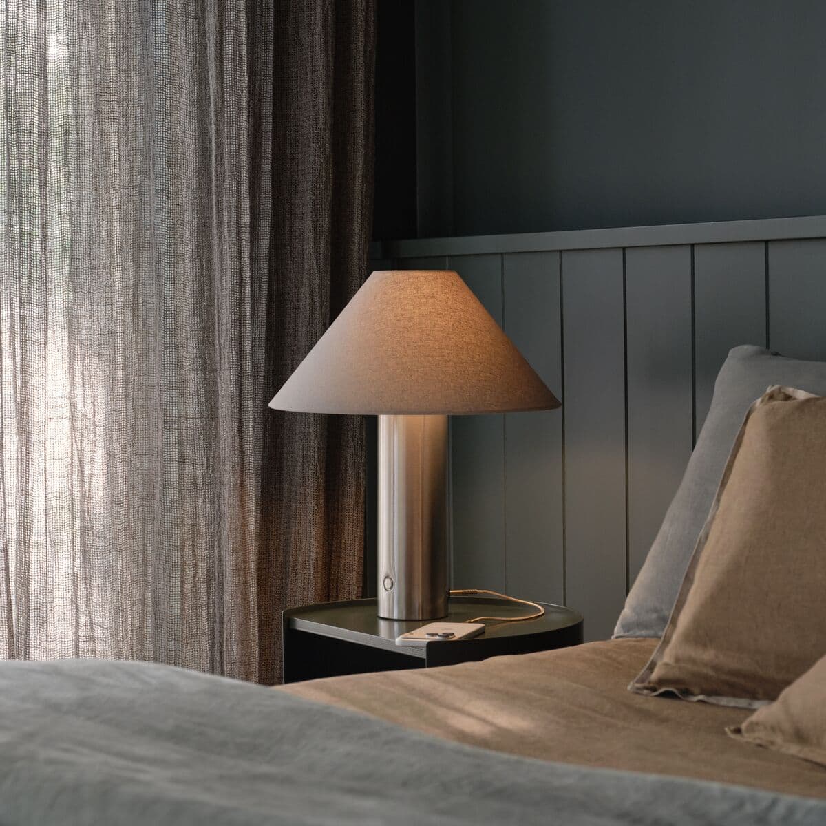 Brunel Touch Table Lamp in Brushed Chrome with Natural Linen | Beacon Lighting