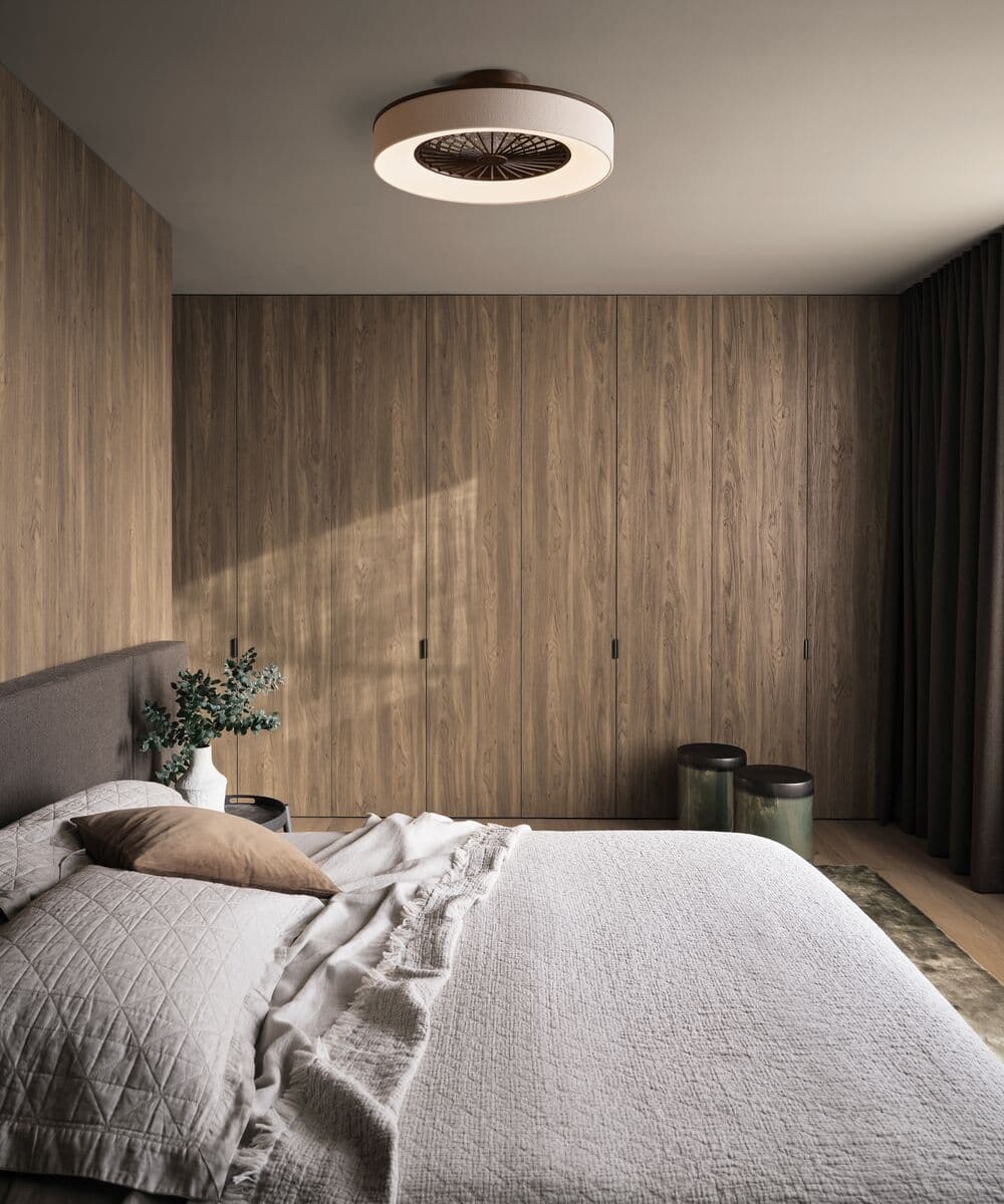 Monsanto Flush Ceiling Fan in Bronze with Fabric Shade | Beacon Lighting