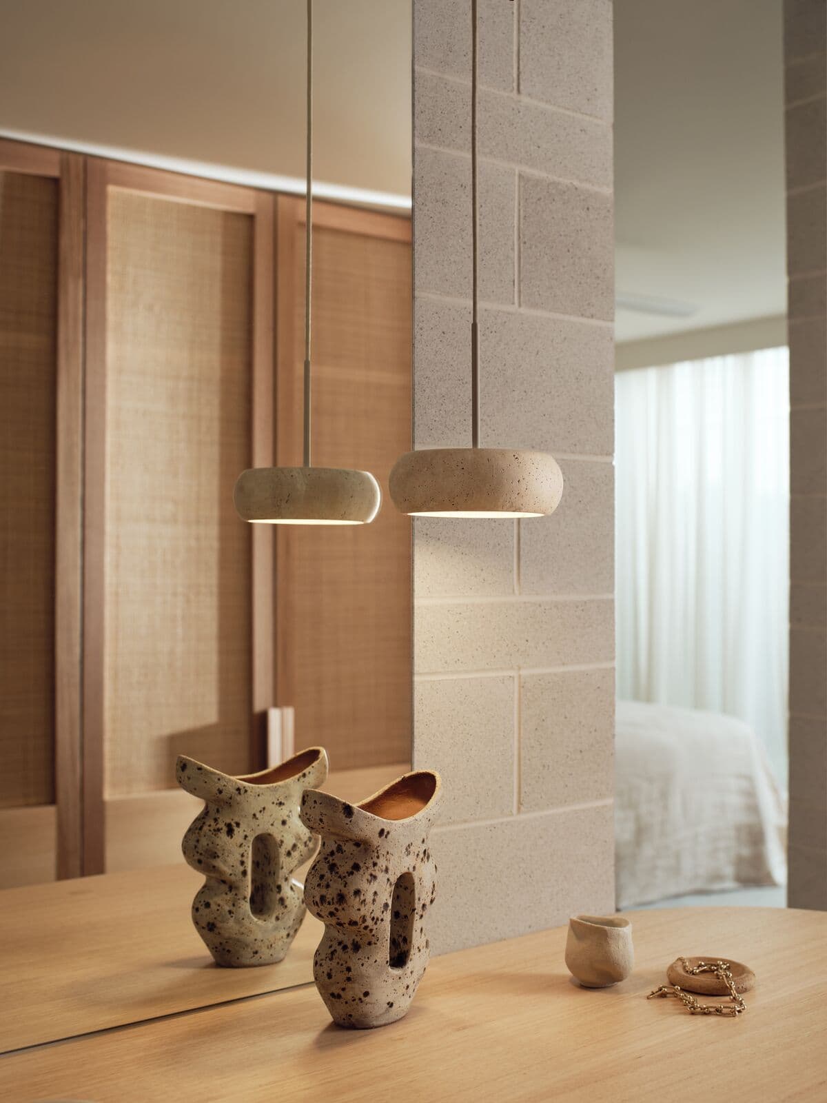 Pipete 1 Light Pendant in Beige with Natural Travertine | Beacon Lighting
