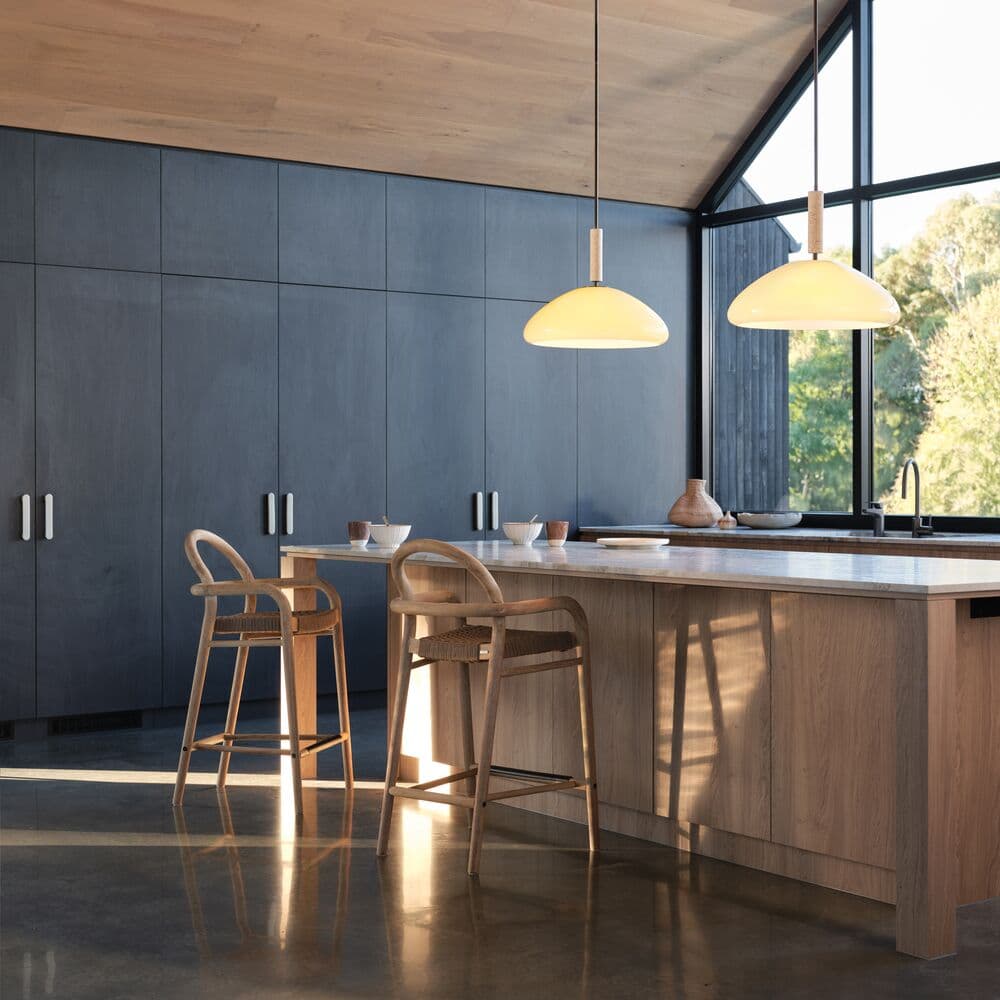 Merci 3 Light Large Pendant in Milk Glass with Bronze and Natural Travertine Detail | Beacon Lighting