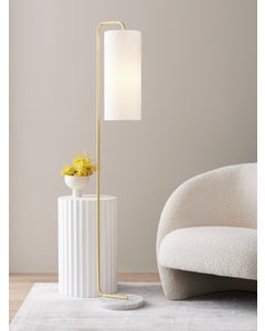 Astley 1 Light Floor Lamp in Brass with Marble Base and White Linen Shade