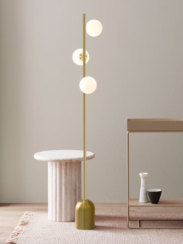 Helix 3 Light Floor Lamp in Brass with Opal Glass Shades