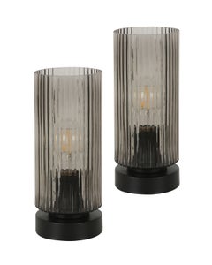 Curtis 1 Light Touch Table Lamp in Black with Smoke Glass with USB, 2 Pack