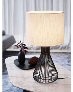 Akira 1 Light Squat Table Lamp with Metal Wire Base and White Linen Shade