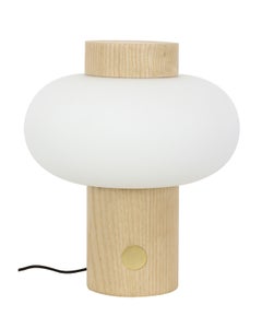 Zion 1 Light Touch Table Lamp in Teak with Opal Frosted Glass Shade and Brass Detail