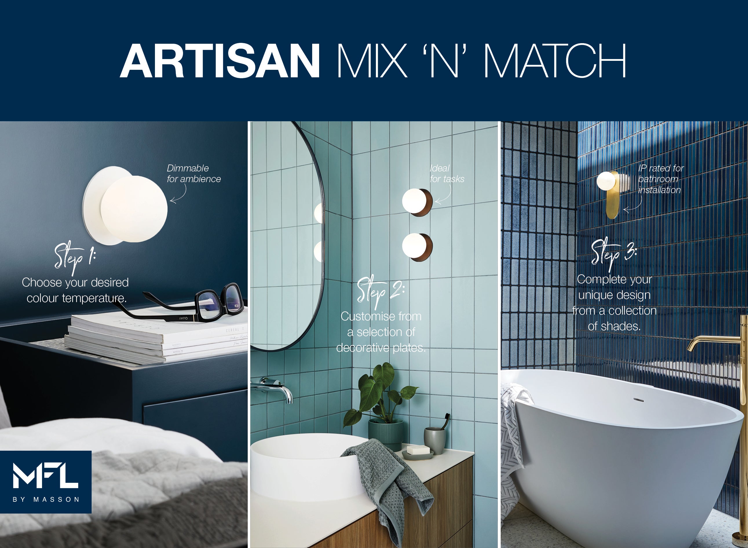 MFL by Masson Artisan Range - Mix 'n Match To Create Your Own Design! Step 1: Choose Your Desired Colour Temperature. Step 2: Select A Decorative Back Plate. Step 3: Complete Your Design With Your Choice Of Glass Shade.