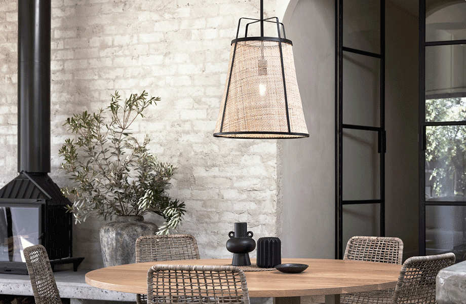 Hayes 1 Light Large Pendant in Black with Natural Ratten