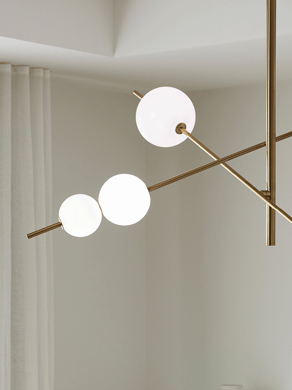 Abacus 7 Light LED Pendant in Aged Brass with Opal Glass Shades