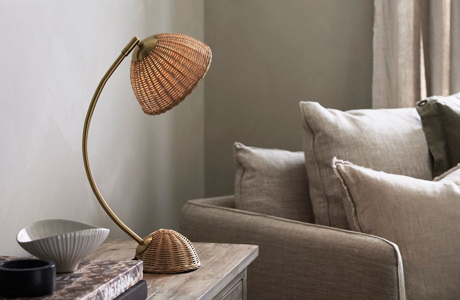 Camden 1 Light Table Lamp in Brass and Natural Ratten