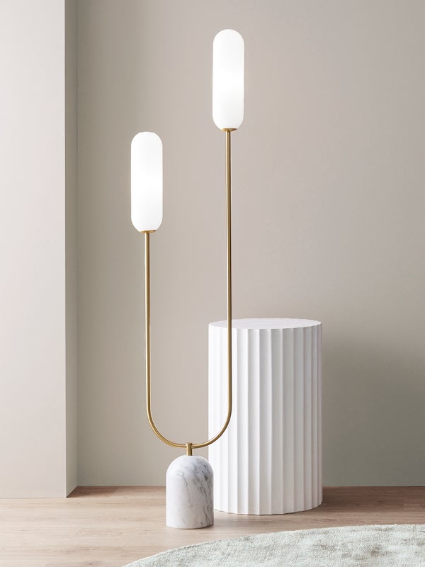 Domus 2 Light Floor Lamp in Brass with Marble Base and Opal Glass Shades