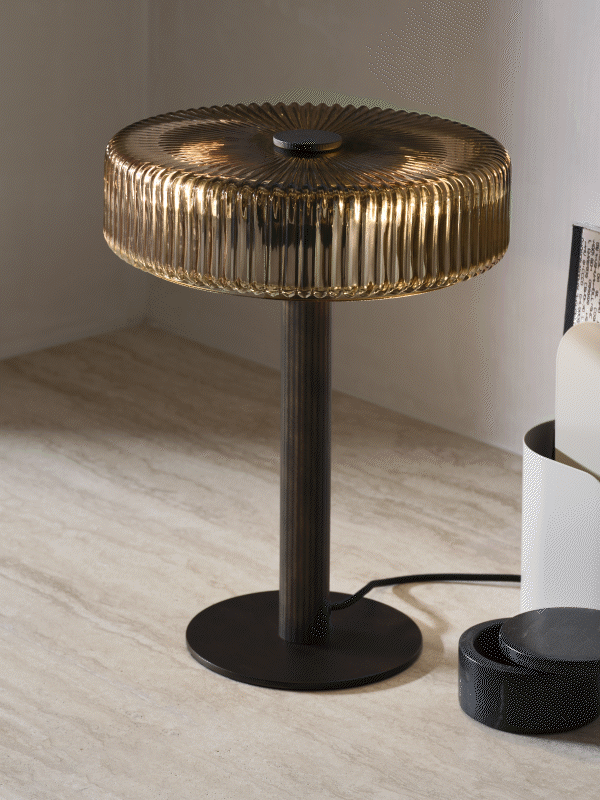Denver 2 Light Table Lamp in Bronze with Ribbed Sepia Glass