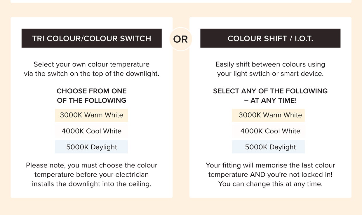 With the range of Tri Colour/Colour Switch and Colour Shift products, you can choose from one of the following; 3000K Warm White, 4000K Cool White, 5000K Daylight 