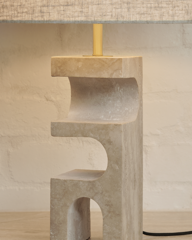 Forma 1 Light Table Lamp in Travertine with Natural Linen Shade