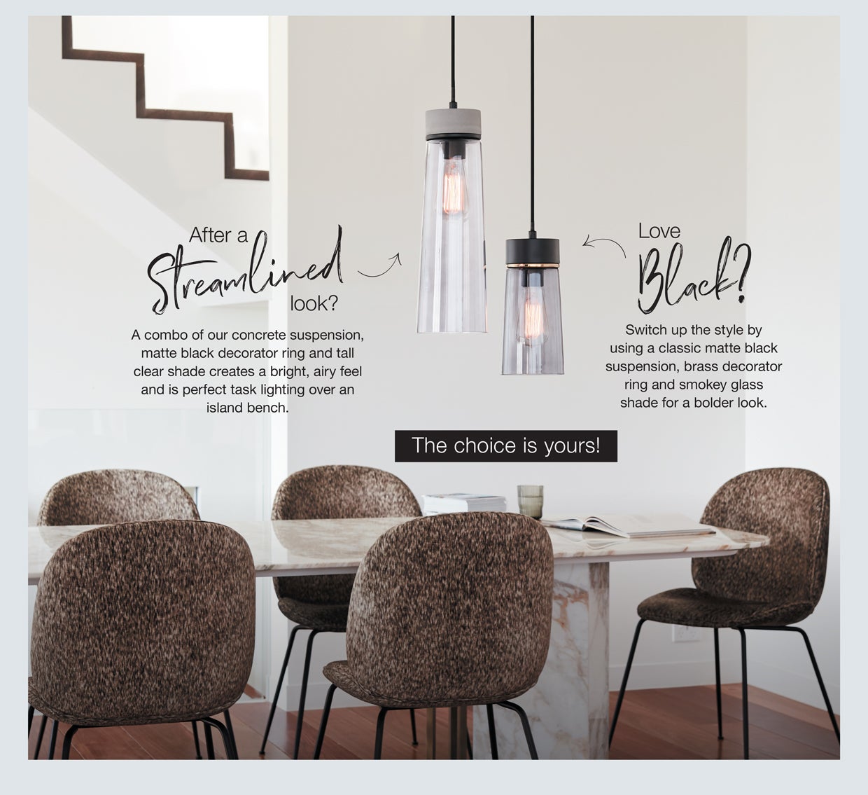 A combo of our concrete suspension, matte black decorator ring and tall clear shade creates a bright, airy feel and is perfect task lighting over an island bench.