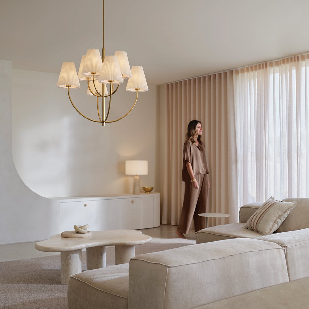 Hoxton 8 Light Pendant in Aged Brass with White Linen Shade