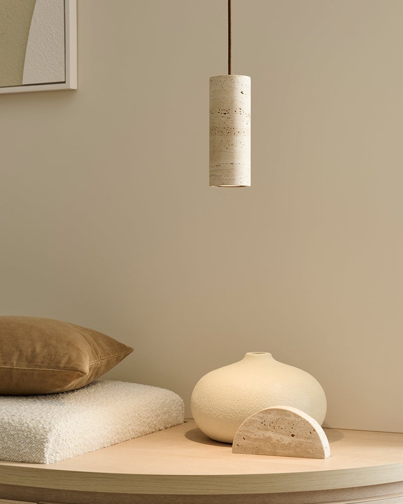 Traviato 1 Light Cylinder Pendant in Travertine with Bronze Details