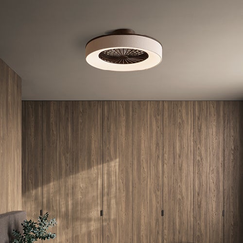 Monsanto Flush Ceiling Fan with LED Light in Bronze with Natural Fabric Shade