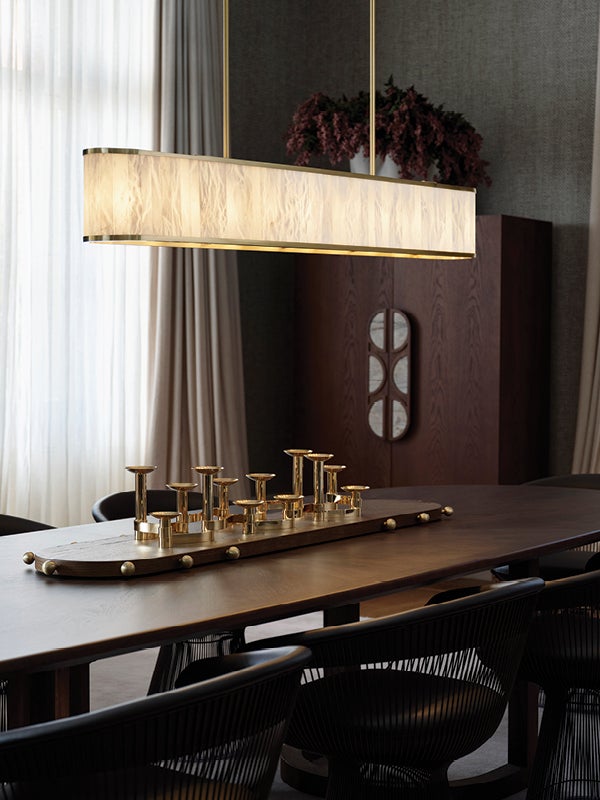 Made by Mayfair Ariana 10 Light Linear Pendant in Aged Brass with Spanish Alabaster