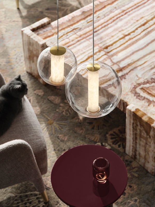 Made by Mayfair Encanto Medium LED Pendant in Aged Brass with Spanish Alabaster and Clear Glass Shade