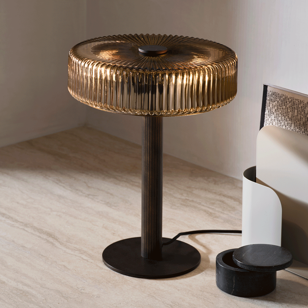 Denver 2 Light Table Lamp in Bronze with Ribbed Sepia Glass