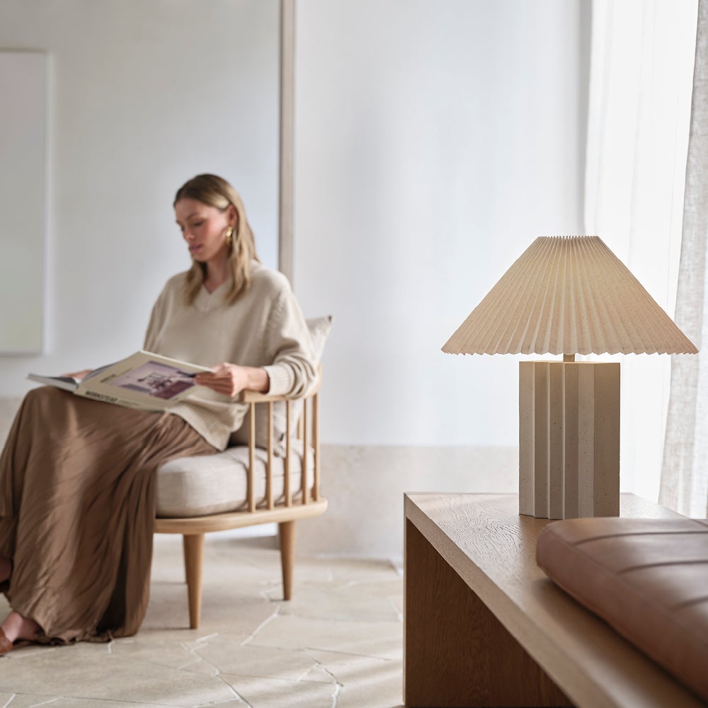 Fora 1 Light Table Lamp in Stone with Natural Linen Shade