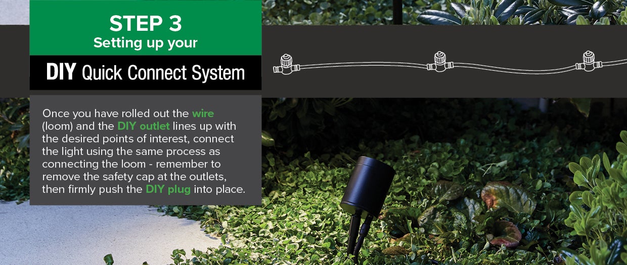 Step 3: Once You Have Rolled Out The Wire (Loom) And The DIY Outlet Lines Up With The Desired Points Of Interest, Connect The Light Using The Same Process As Connecting The Loom - Remove The Safety Cap At the Outlets, Then Push The DIY Plug Into Place.